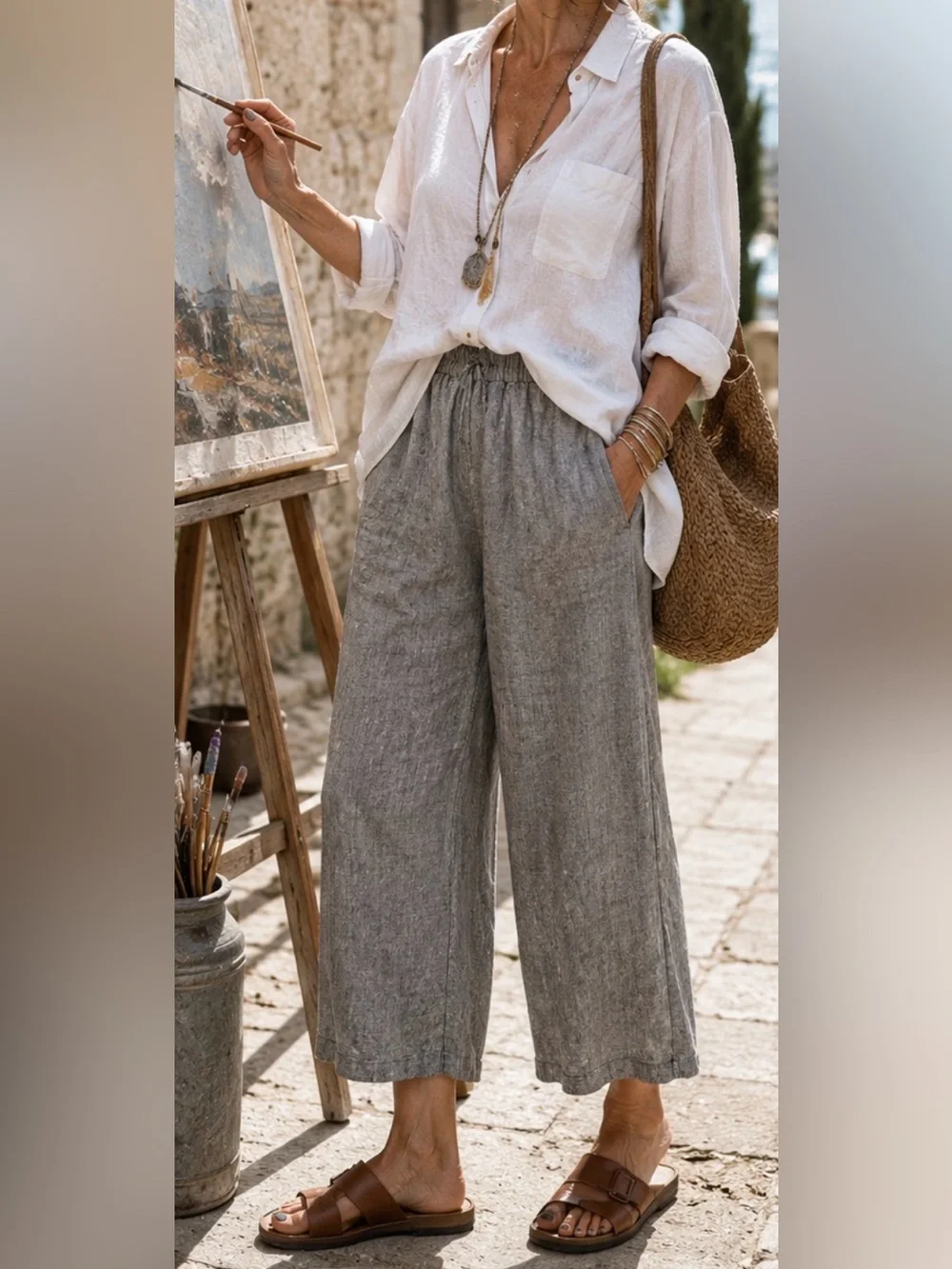 FLAX Jeanne Engelhart Gray 100% Linen Cropped Pants Large Lagenlook Wide Leg